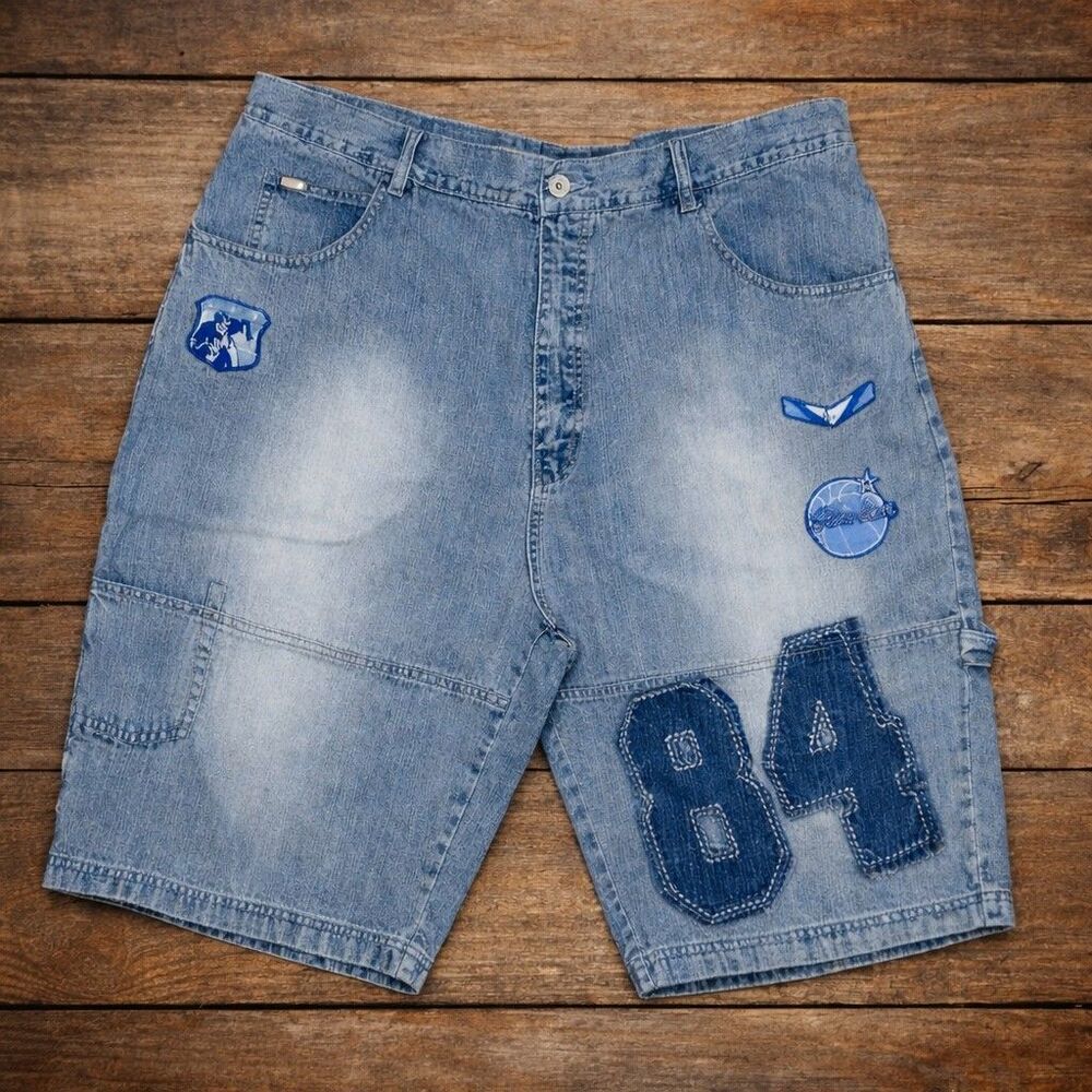 Vintage Mens Shorts Baggy Carpenter Jean 42 Shorts Blue Distressed Y2K Spellout